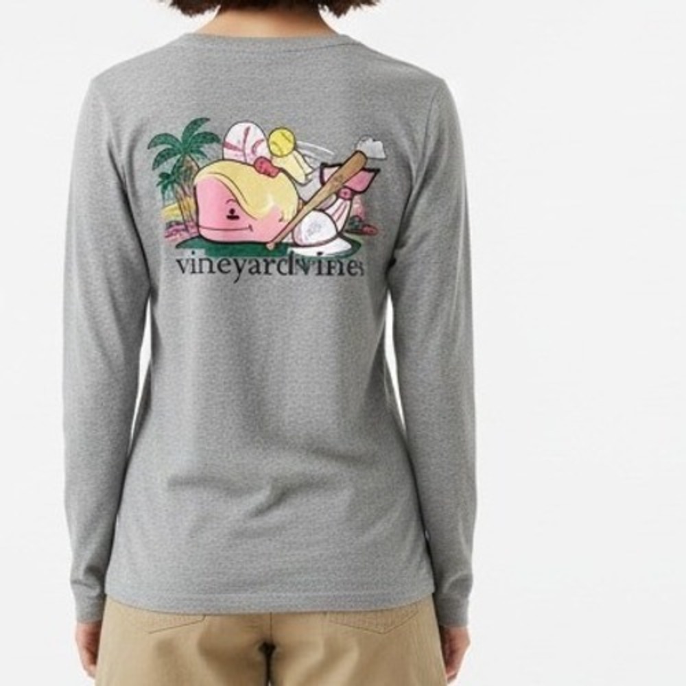 Vineyard Vines Womens Gray Softball Whale Graphic Long Sleeve Pocket T-Shirt L